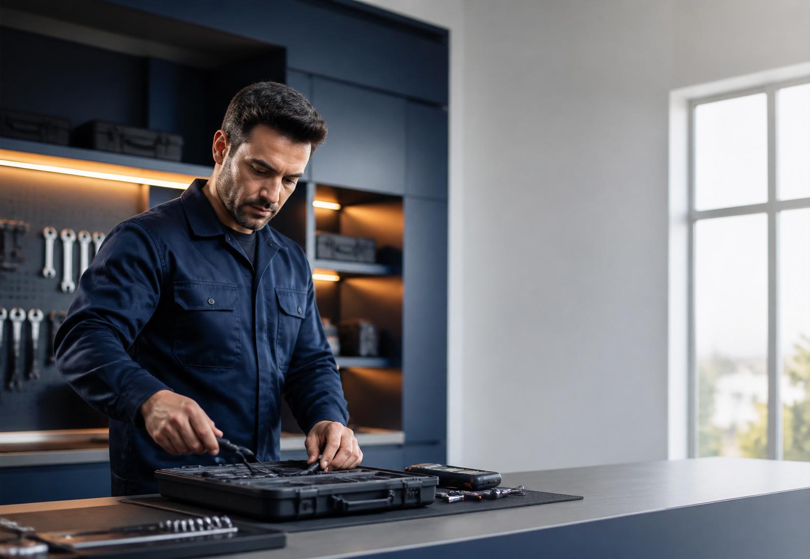 Teknik servis ekipmanlarını hazırlayan profesyonel çalışan