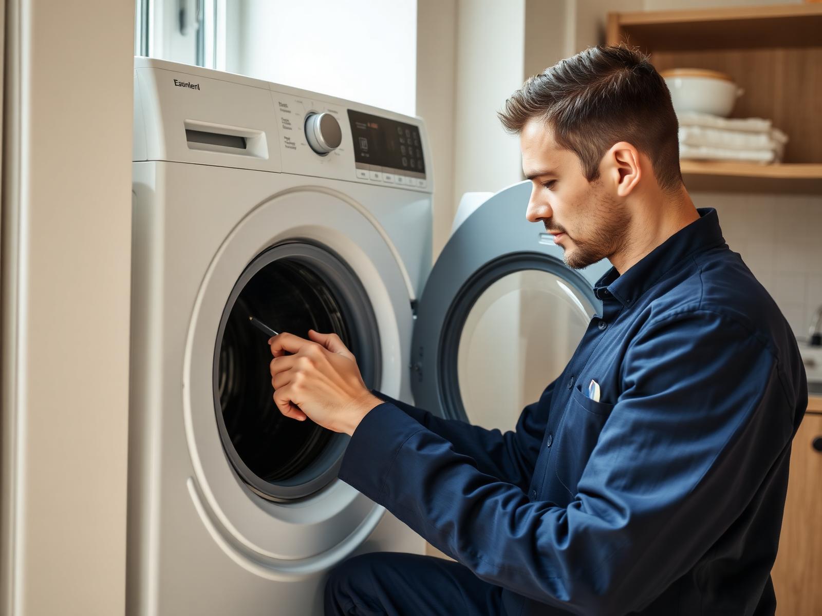 Modern bir çamaşır makinesinin tamburunu kontrol eden teknisyen