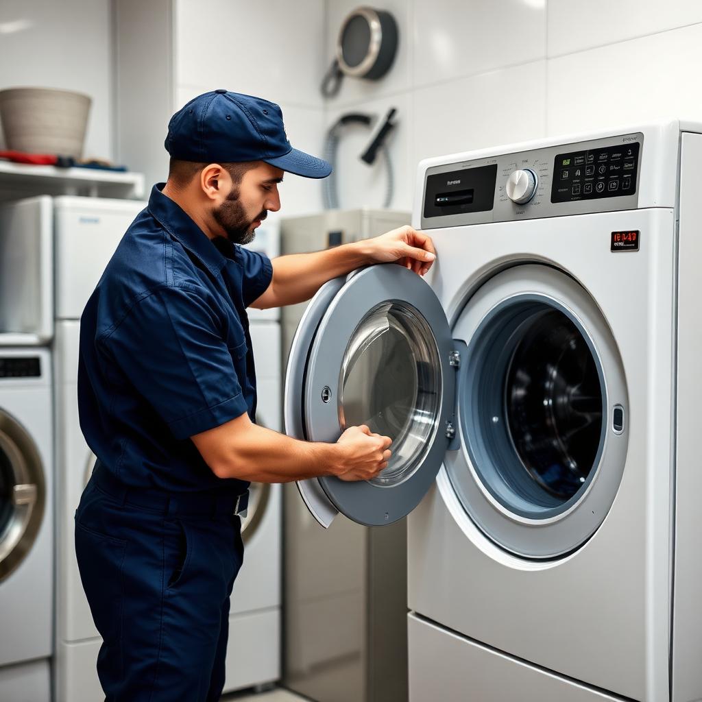 Modern çamaşır odasında çamaşır makinesini kontrol eden teknisyen