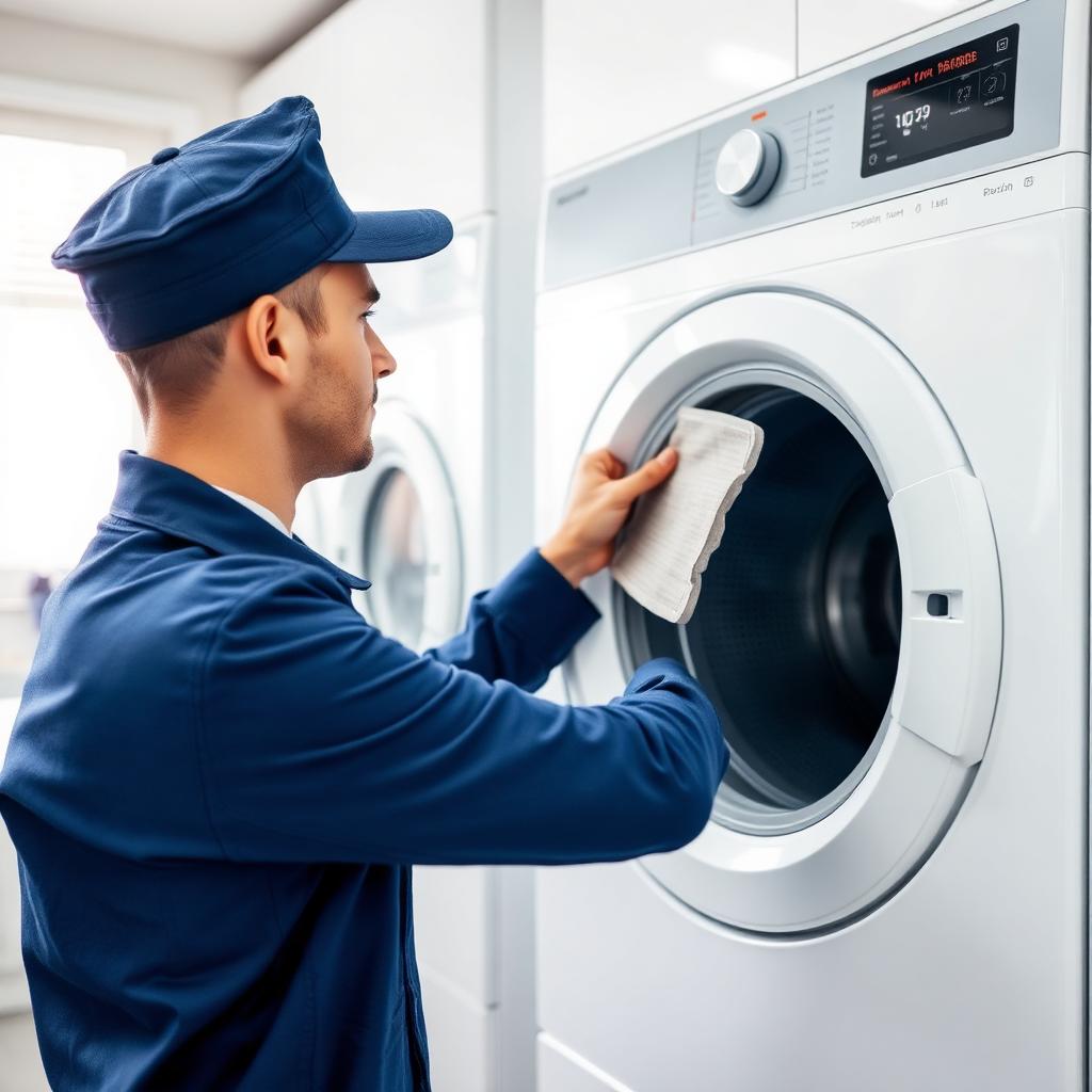 Modern çamaşır odasında kurutma makinesinin tiftik filtresini kontrol eden teknisyen